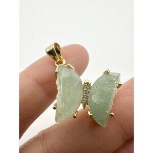Natural Aventurine Jade Butterfly Pendant Gold Tone